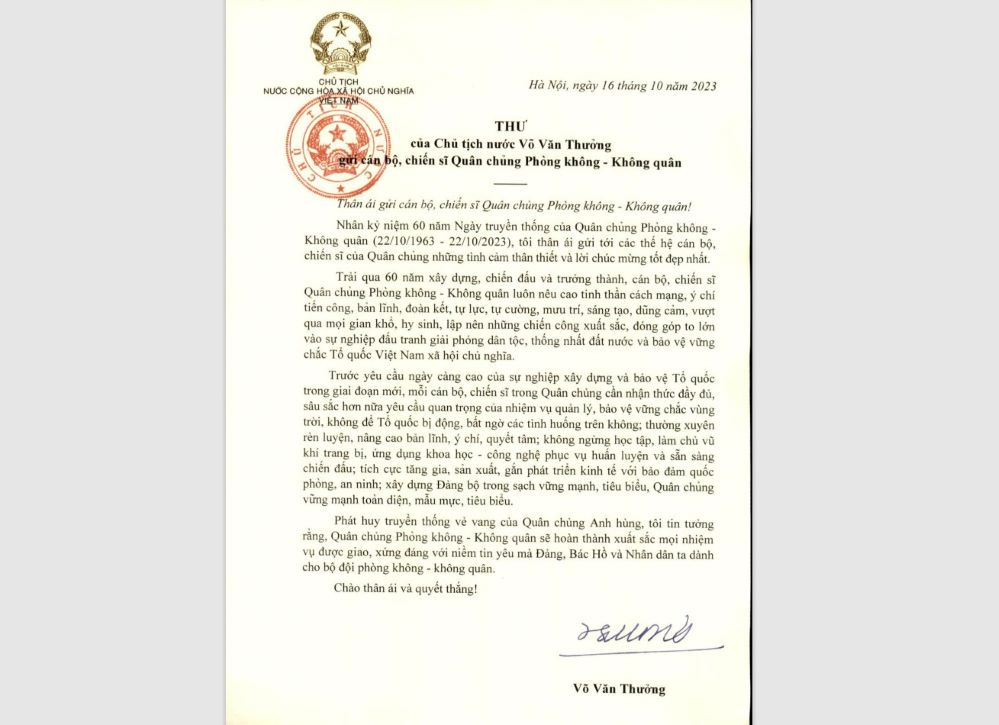 Thư của Chủ tịch nước Võ Văn Thưởng gửi cán bộ, chiến sĩ Quân chủng Phòng không-Không quân